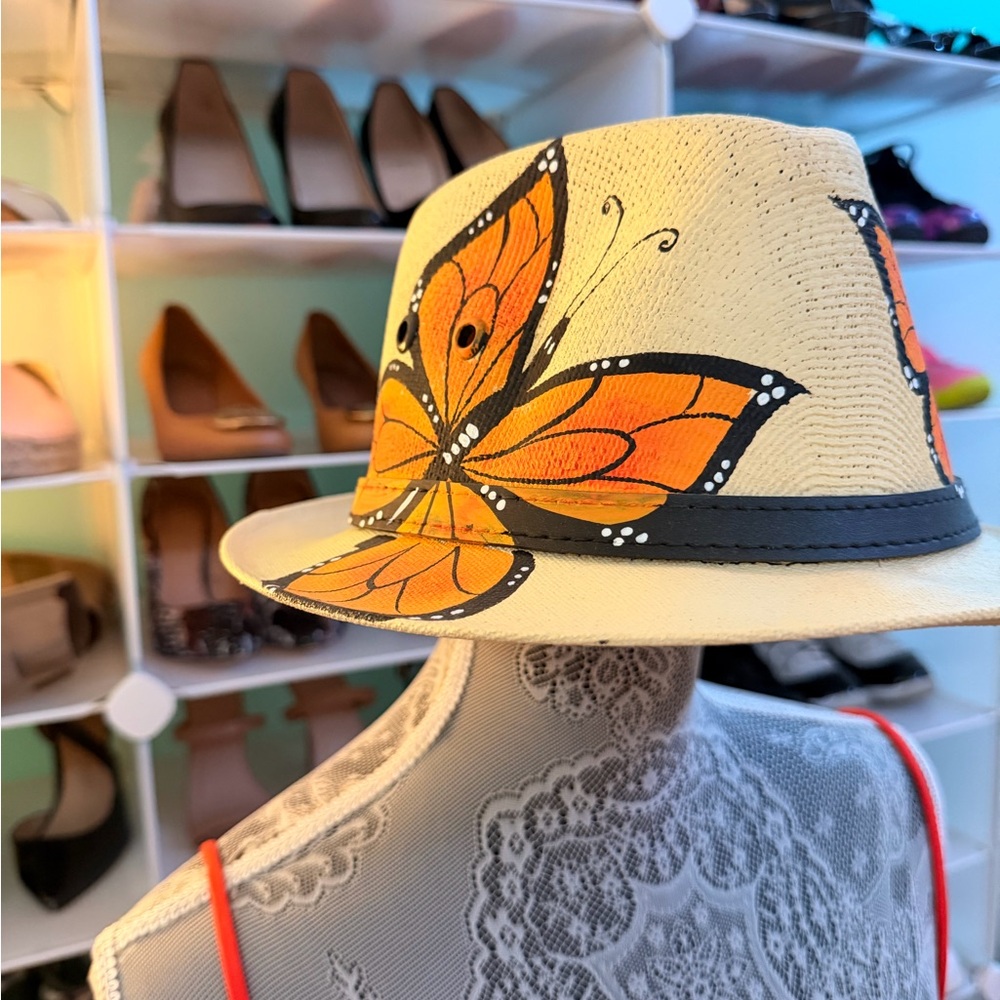Beautiful Butterfly hand-painted Women's Hat from Mexican artisans.